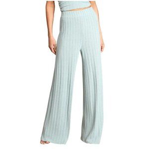 Lulus XS Green Ribbed Wide-Leg Lounge Pants Stretchy Elastic Waist Textured NWT